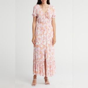 Lovestitch Women's Floral Tiered Short-Sleeve Maxi Dress in Peach/Light Pink